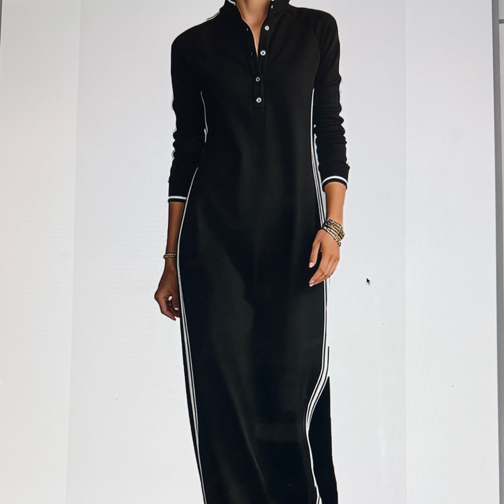 Women's Black Long Sleeve Polo Maxi Dress with White Trimming